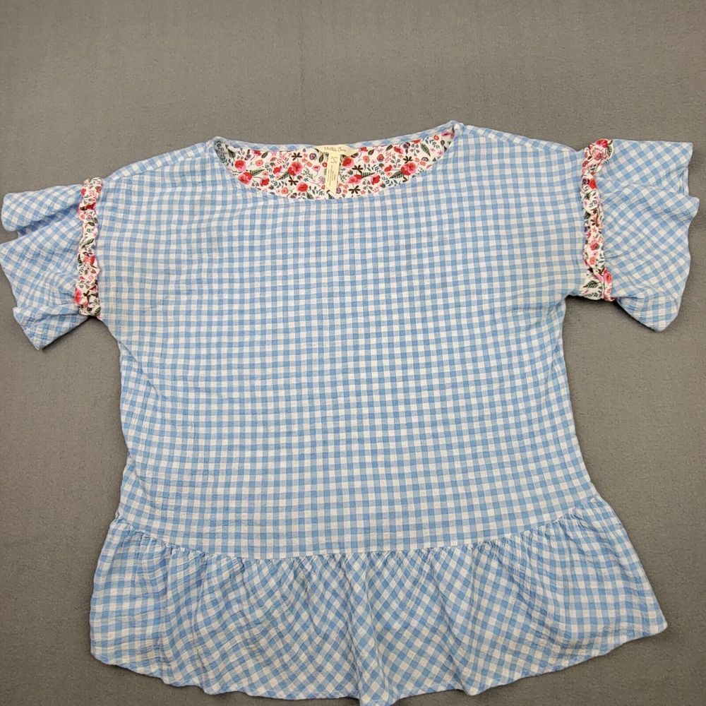 Matilda Jane Women’s Small Blue White Gingham Peplum Top Ruffle Short Sleeve